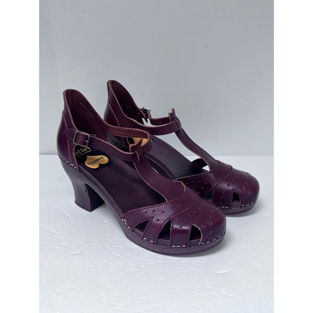 Swedish Hasbeens T-Strap Luxury Clogs Brown Leather Wood Heel Sandals (41) 9.5 - Picture 1 of 10